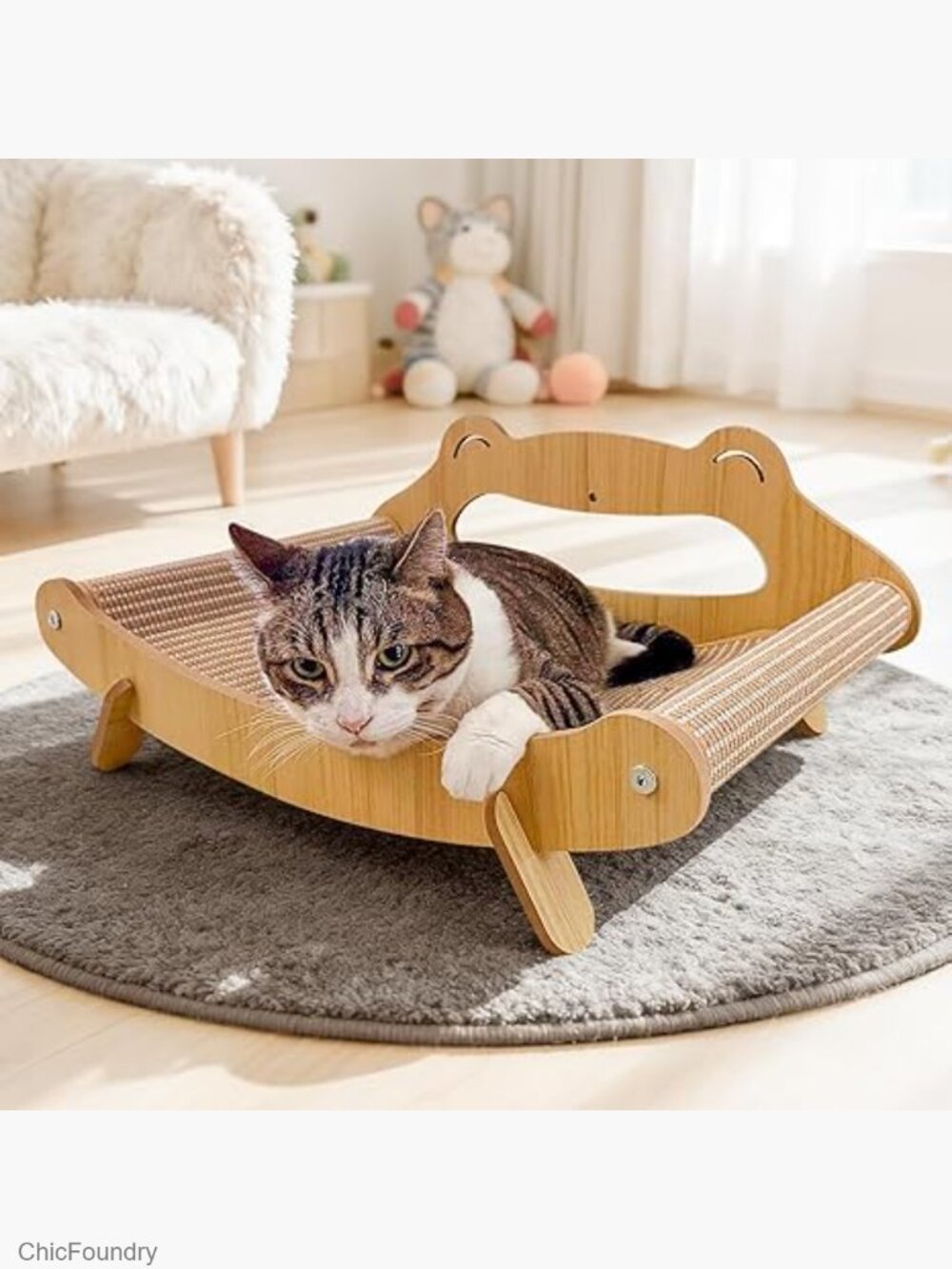 Sisal Cat Scratcher Bed with Hammock, Solid Wood Frame, Large